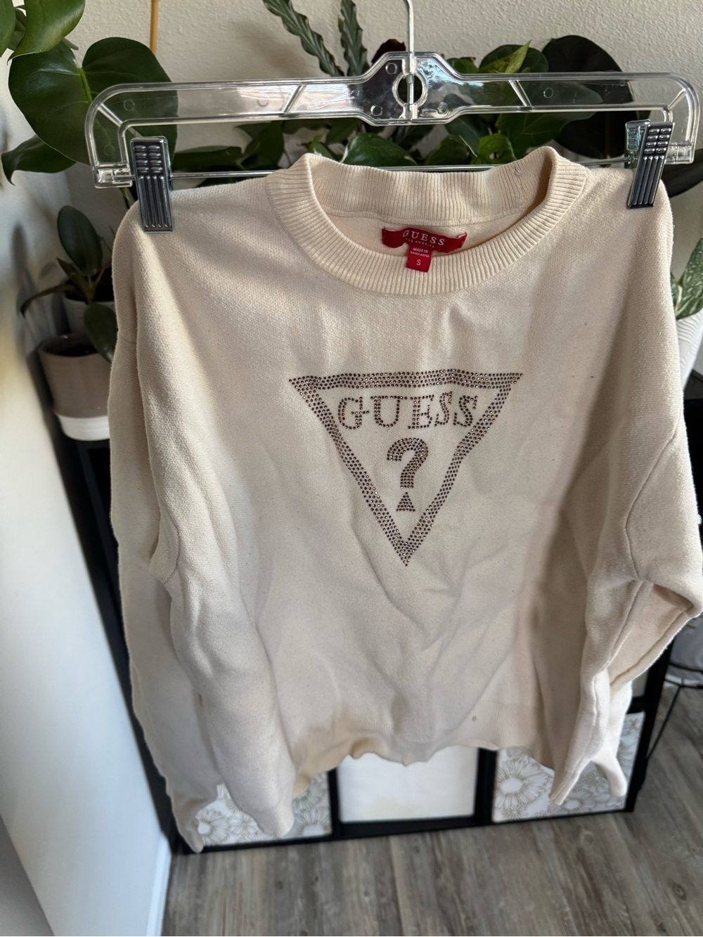 GUESS Cream Pullover with Rhinestone Triangle Logo